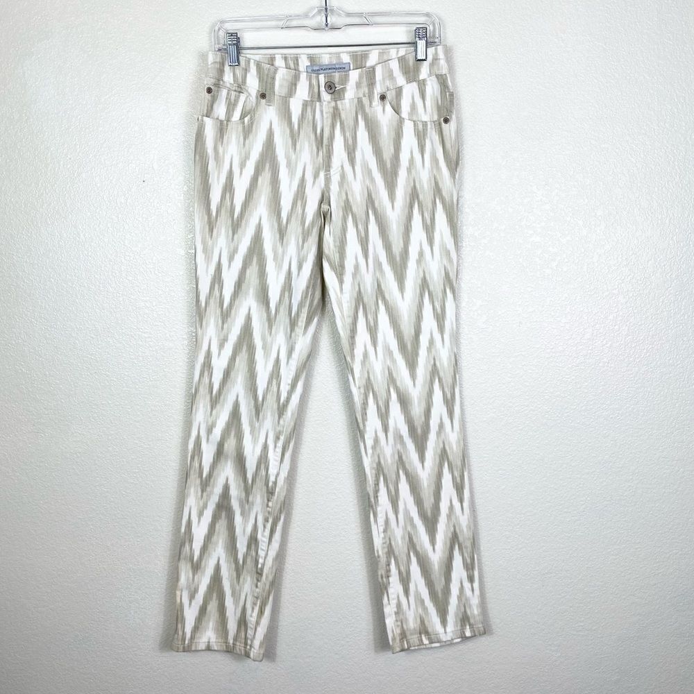 Chico’s Platinum Denim Grey & White Zigzag Pattern Straight Leg Jeans